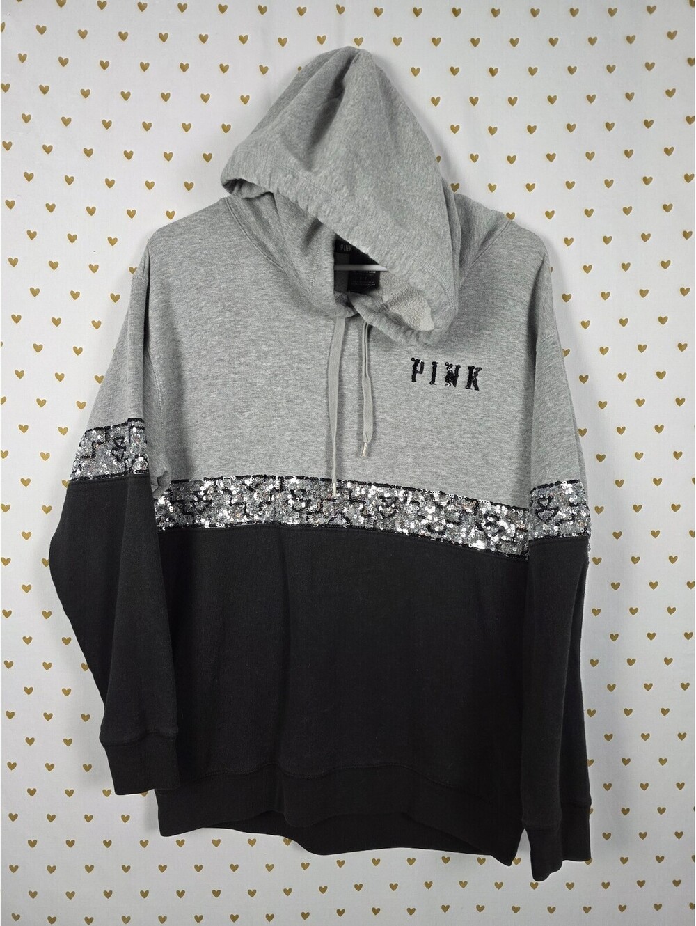 Victoria's Secret PINK BLING Sequin Hoodie Gray Black Pullover Small S